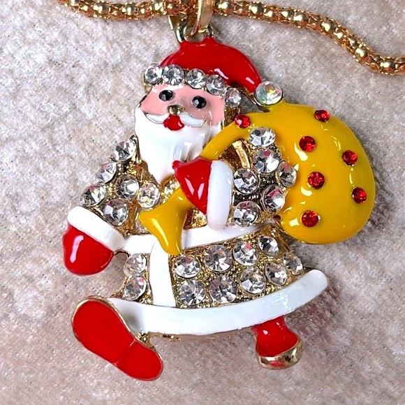 Betsey Johnson Crystal Santa Claus Christmas Gold Tone Long Chain Necklace - Picture 2 of 11